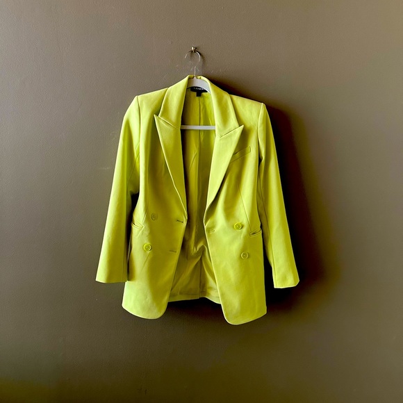 {Express} Double-Button Boyfriend Blazer {Lemon Lime} Yellow Green XS - Picture 1 of 6